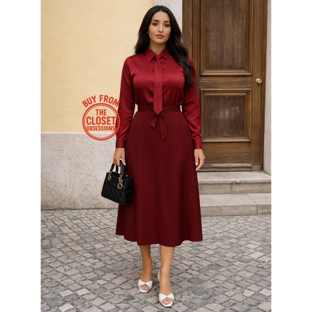 Zara NWT Burgundy Tie Neck Belted Midi Shirt Dress S M - Picture 2 of 16